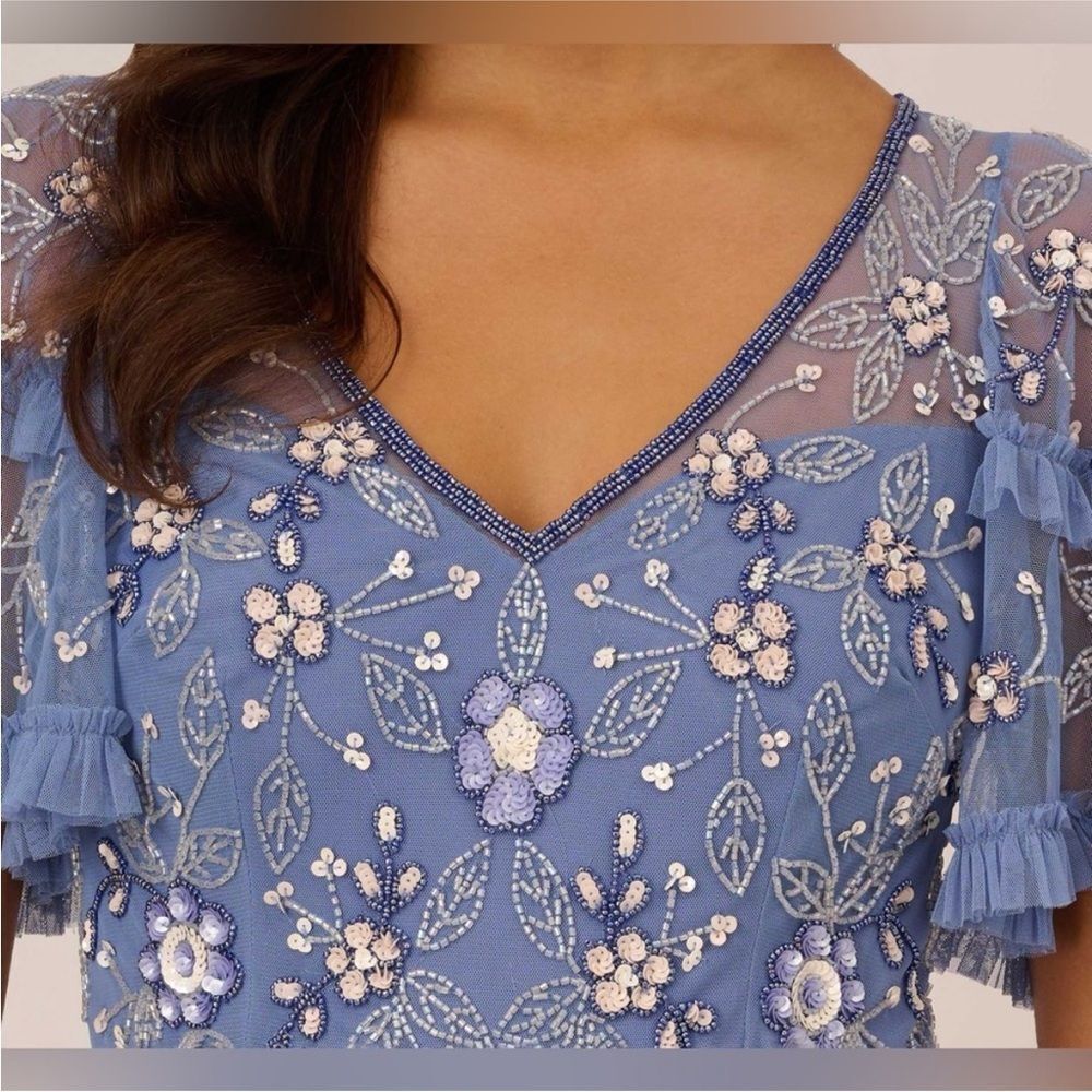 Adrianna Papell beaded midi dress in french Blue - Picture 3 of 6